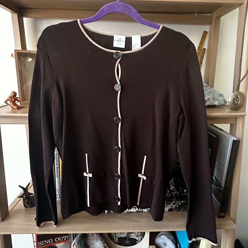 Brown Cardigan with Cream Trim and bow ties
